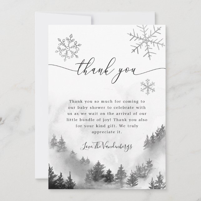 Gray Snowflakes Winter Baby Shower  Thank You Card (Front)