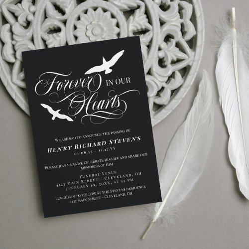 Gray Soaring Birds Forever In Our Hearts Funeral Invitation