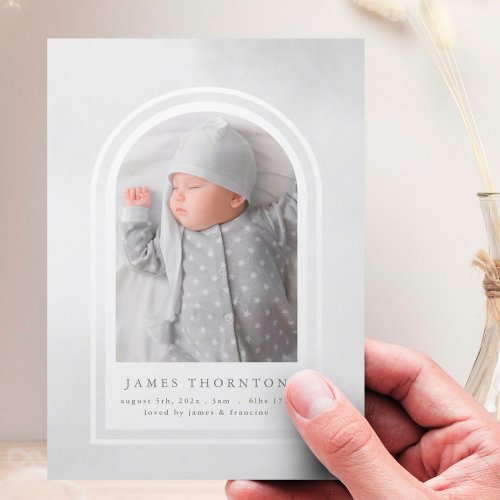 gray soft watercolor border photo baby birth announcement