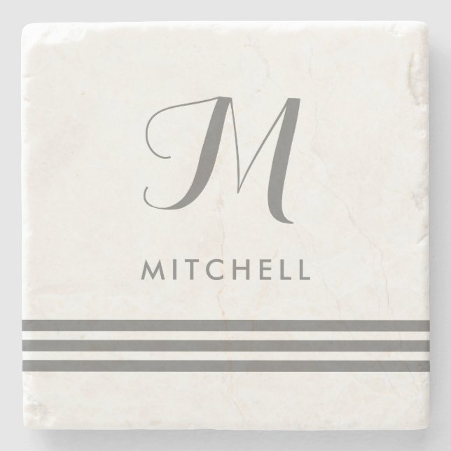 Gray Sophisticated Stripes | Name and Monogram Stone Coaster (Front)