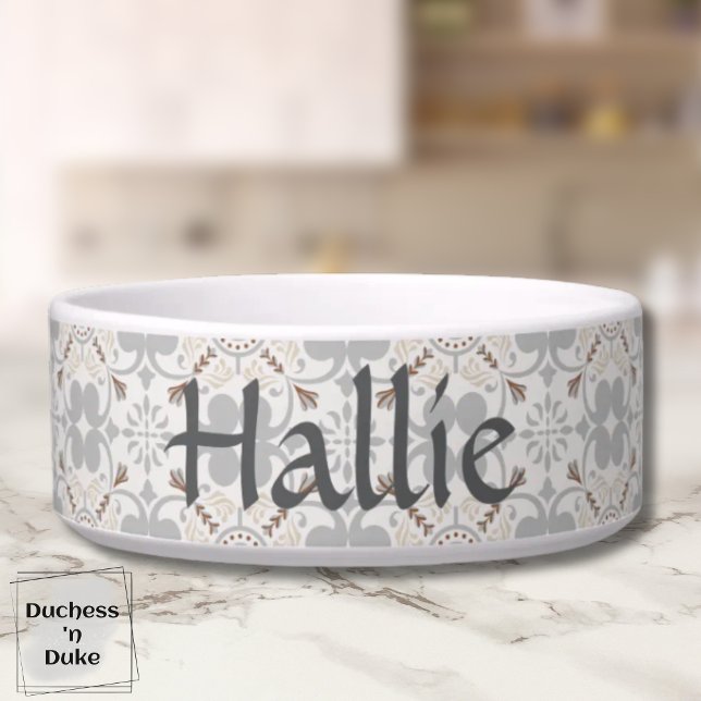 Gray Spanish Tile Personalized Pet Bowl  (Pet Bowl - Gray Spanish Tile Personalized)
