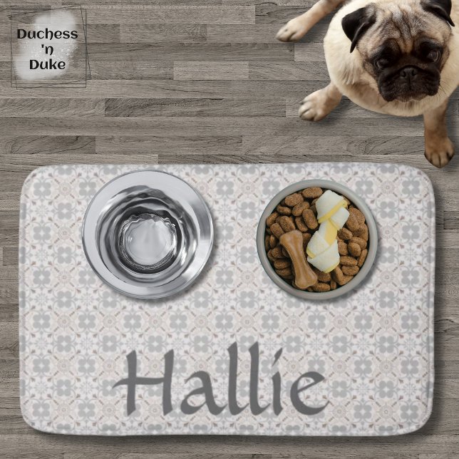 Gray Spanish Tile Personalized Pet Food Mat (Dog Food Bowl - Gray Spanish Tile Personalized)