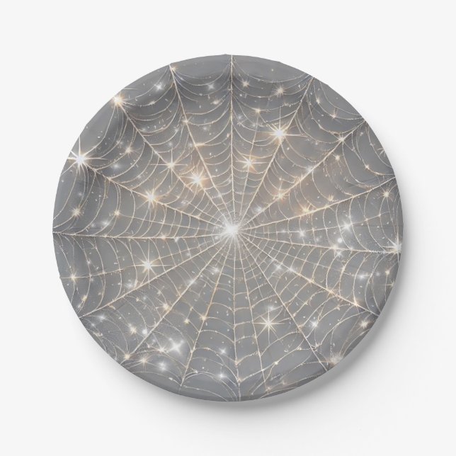 Gray Sparkle Spiderweb Halloween Party Paper Plates (Front)