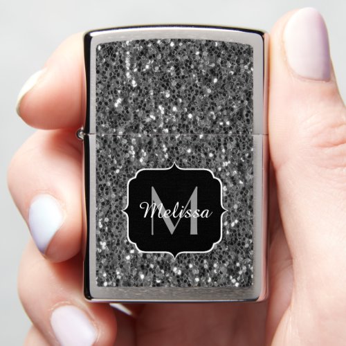Gray sparkles faux glitter Custom Monogram Zippo Lighter