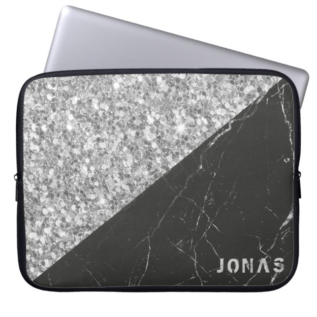 Gray Sparkling Glitter Black Marble Laptop Sleeve (Front)