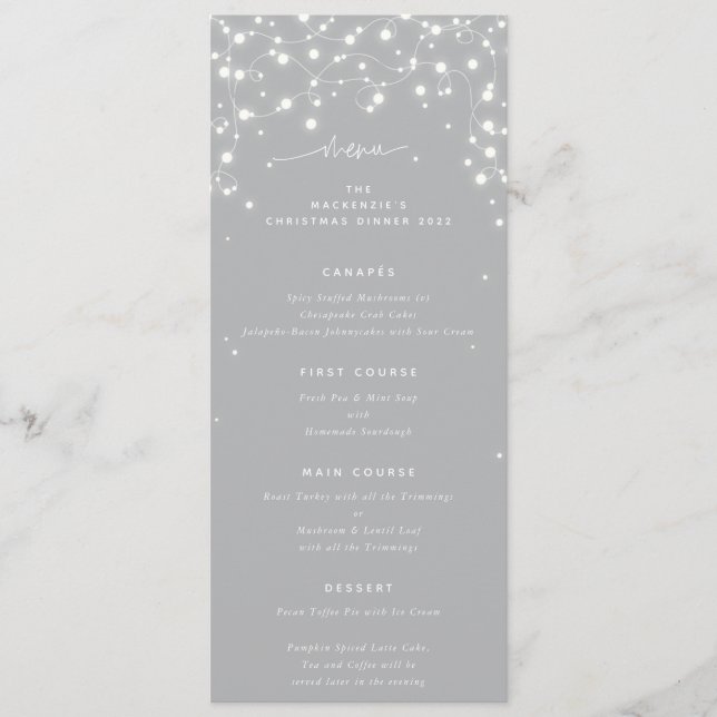 Gray Sparkling Lights Christmas Flat 4 Course Menu (Front)