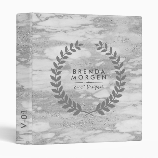 Gray Sparkling Marble Laurel Wreath 3 Ring Binder (Front/Spine)