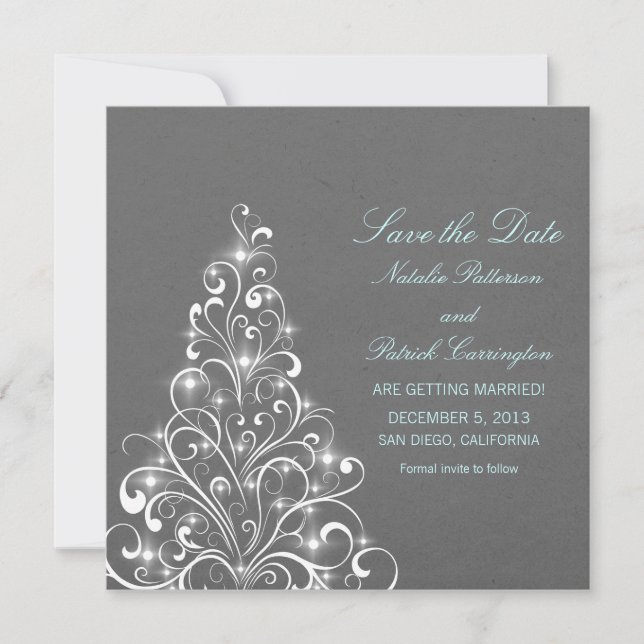 Gray Sparkly Holiday Tree Save the Date Invite (Front)