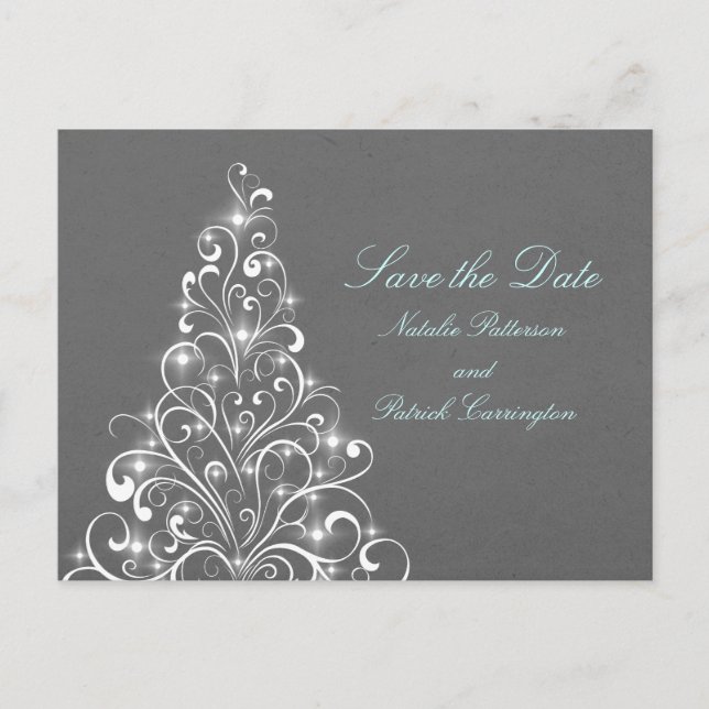Gray Sparkly Holiday Tree Save the Date Postcard (Front)