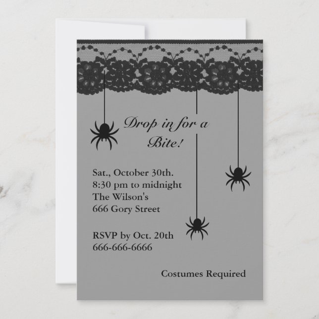 Gray Spiders and Lace Costume Party Invitation (Front)