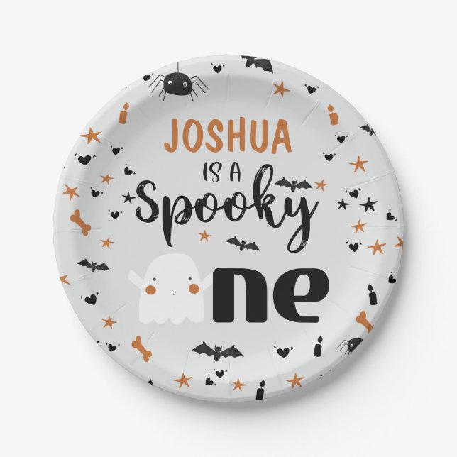 Gray Spooky One Halloween 1st Birthday Paper Plates (Front)
