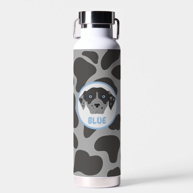 Gray, spotted dog pet  water bottle (Front)