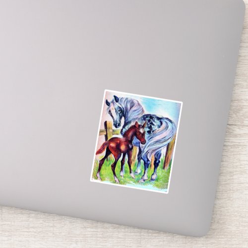 Gray Spotted Mother Horse With Brown Colt by Fence Sticker