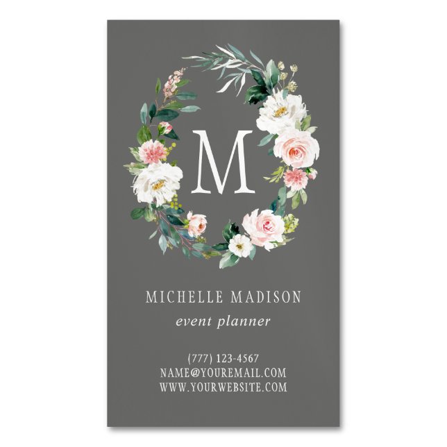 Gray Spring Blush Floral Wreath Monogram Business Card Magnet (Front Vertical)