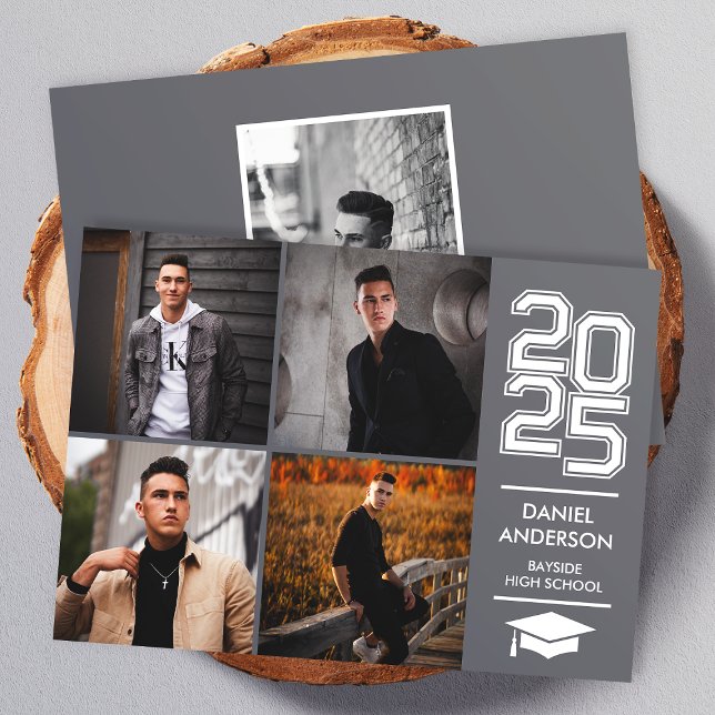 Gray Square Photo Modern Varsity Grad Announcement (Creator Uploaded)