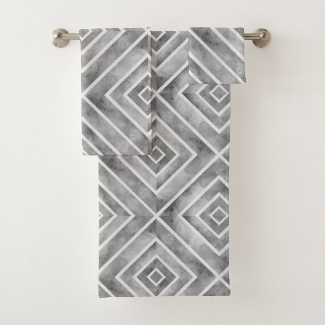 Gray squares geometric watercolor bath towel set (Insitu)