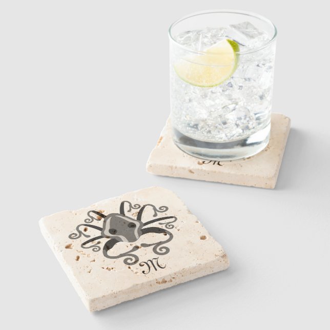 Gray Squid Monogram Stone Coaster (Side)