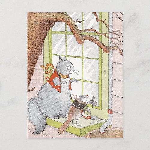 Gray Squirrel  Bird Looking in the Window Postcard