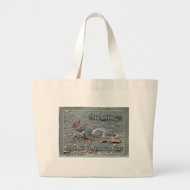 Gray Squirrel Christmas Blessings Series Large Tote Bag (Front)