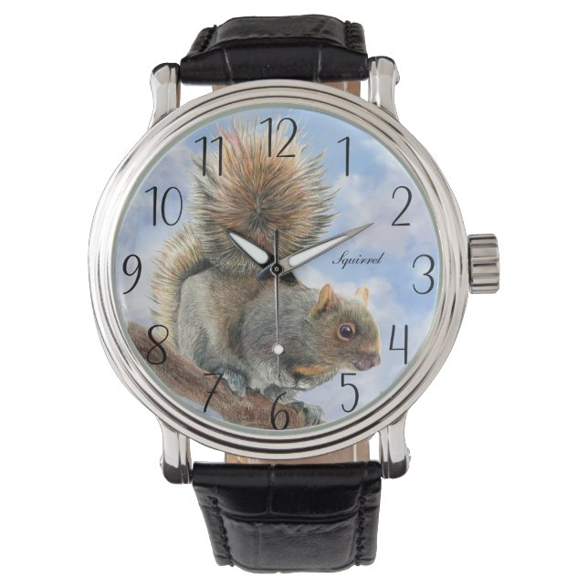 Gray Squirrel Pencil Drawing Watch (Front)