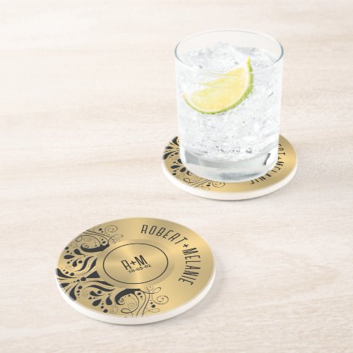 Gray Stainless Steel Look Black Floral Accent Coaster