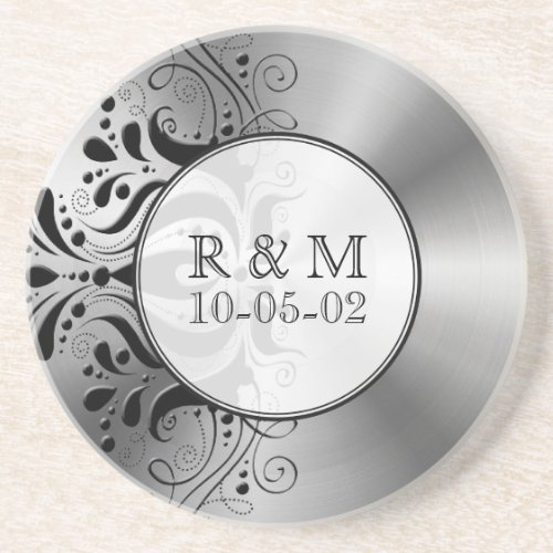 Gray Stainless Steel Look Black Floral Accent Sandstone Coaster