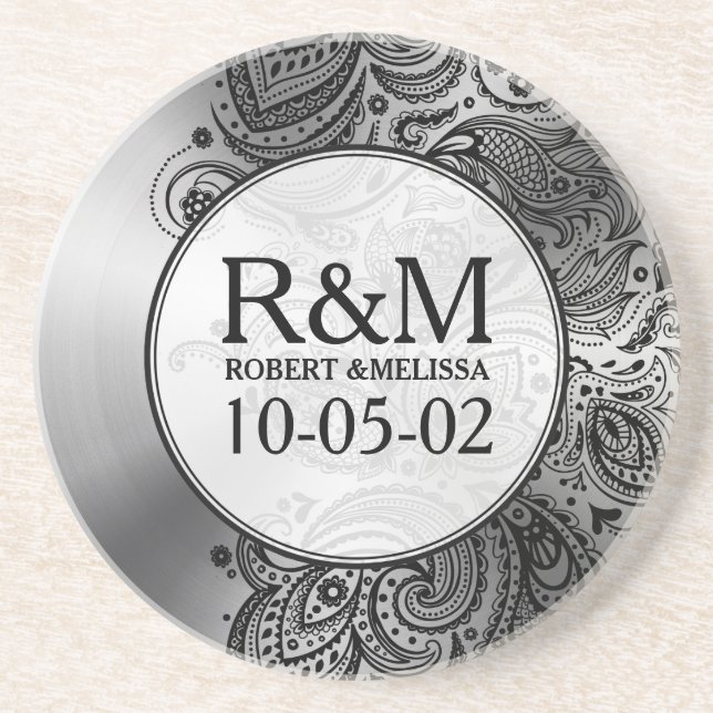 Gray Stainless Steel Look Black Paisley Lace Drink Coaster (Front)