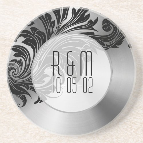 Gray Stainless Steel Look Floral Accent Coaster