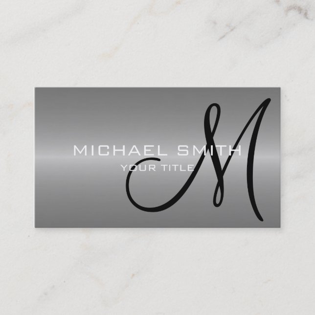 Gray Stainless Steel Metal Monogram Business Card (Front)