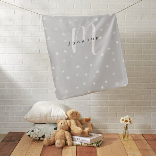 Gray star pattern personalized name and monogram baby blanket