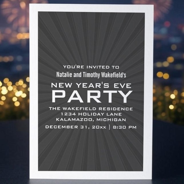 Gray Starburst Stripes New Year's Party Invite (Gray Starburst Stripes New Years Party Invite)