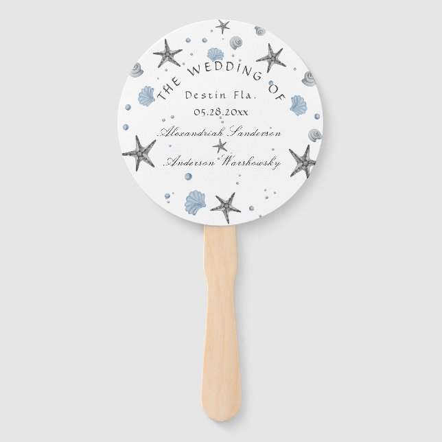 Gray Starfish Blue Beach Wedding  Hand Fan (Front)