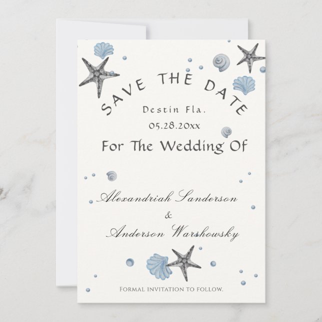 Gray Starfish Blue Beach Wedding Save The Date Invitation (Front)