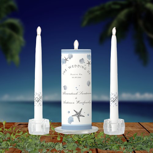 Gray Starfish Blue Beach Wedding  Unity Candle Set