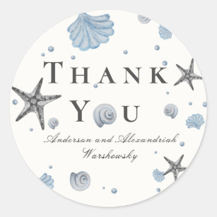 Gray Starfish Blue Shell Beach Wedding  Classic Round Sticker