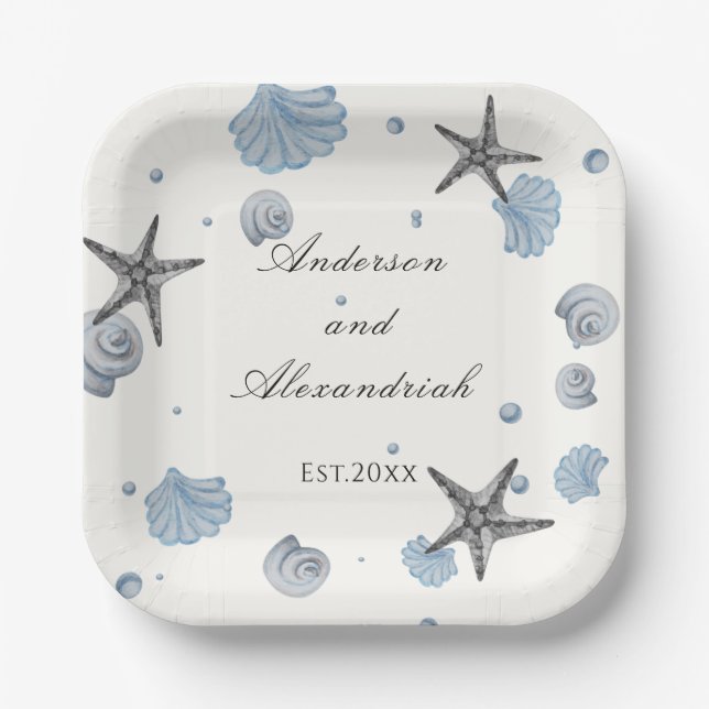 Gray Starfish Blue Shell Beach Wedding  Paper Plat Paper Plates (Front)