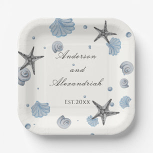 Gray Starfish Blue Shell Beach Wedding  Paper Plat Plates