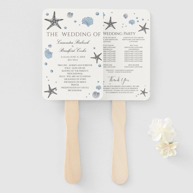 Gray Starfish  Blue Shell ceremony program  Hand Fan (Front and Back)