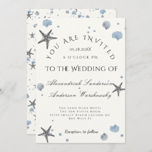 Gray Starfish  Blue Shells Beach Wedding Invitation