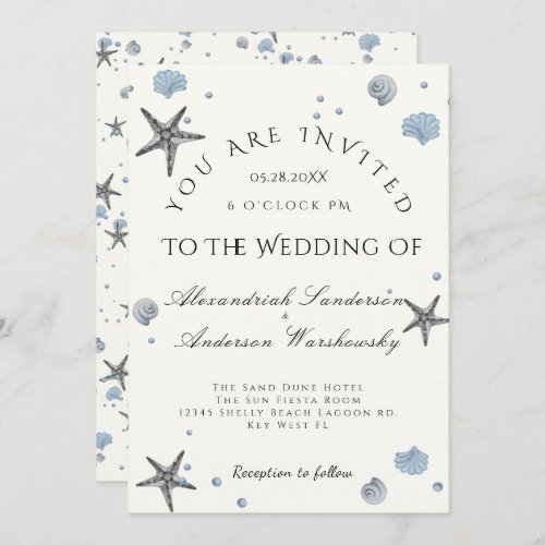 Gray Starfish  Blue Shells Beach Wedding Invitation