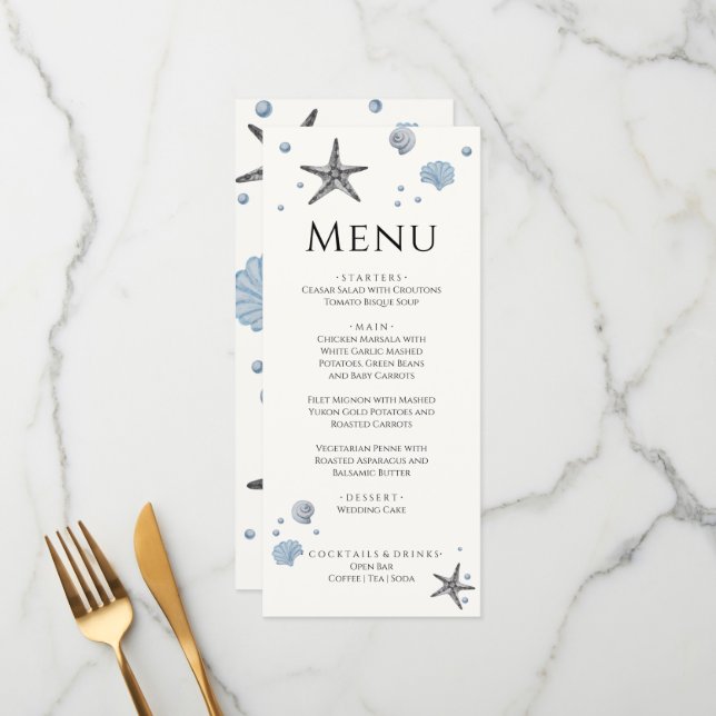 Gray Starfish  Blue Shells Beach Wedding menu (Front/Back In Situ)