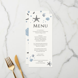 Gray Starfish Blue Shells Beach Wedding menu