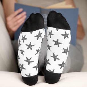 Gray starfish on white pattern socks