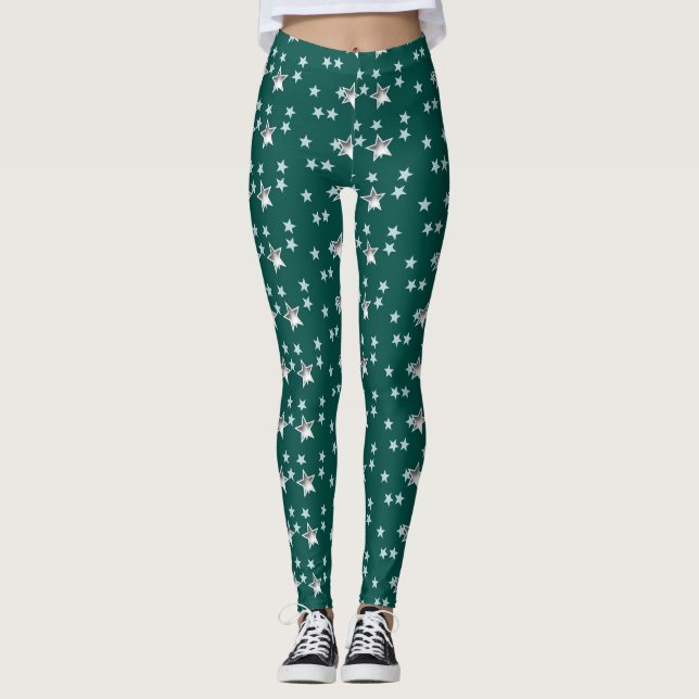 Gray Stars And Green Background Leggings (Front)