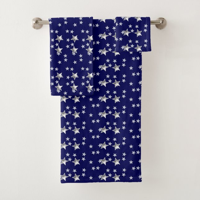Gray Stars And Navy Blue Modern Chic Bath Towel Set (Insitu)