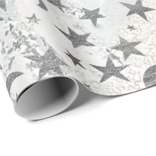 Gray Stars Moon Gold Sky Galaxy White Gray Marble Wrapping Paper