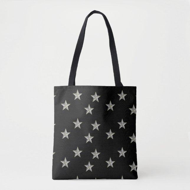 Gray stars pattern on black tote bag (Front)