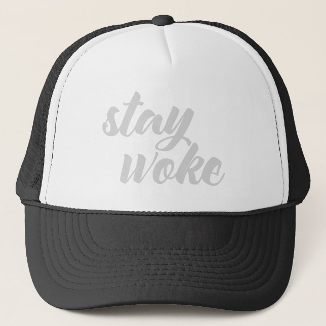 Gray Stay Woke Trucker Hat (Front)