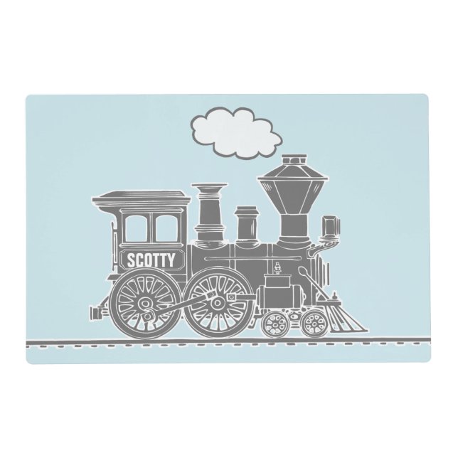 Gray steam train on aqua blue laminated placemat (Front)