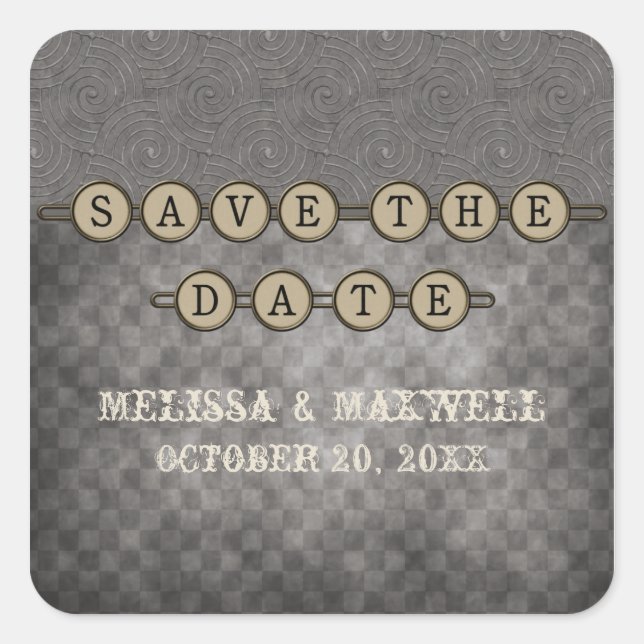 Gray Steampunk Keys Save the Date Stickers (Front)